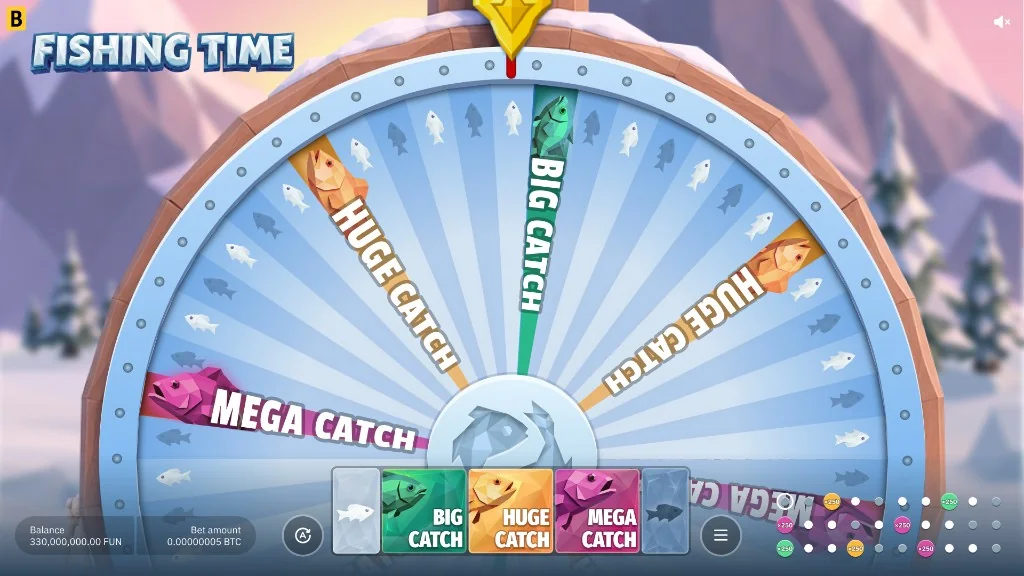 Fishing Time game screen: the 54-sector bonus wheel, five betting options along the bottom, and the Big Catch, Huge Catch and Mega Catch sectors on the wheel.