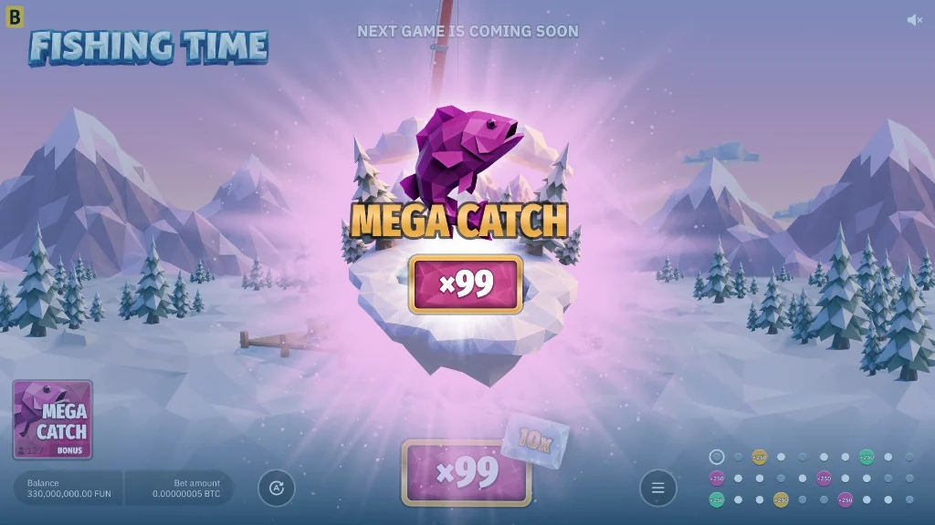Fishing Time Mega Catch: a purple fish leaps from the ice under gold MEGA CATCH lettering and an x99 multiplier, against the arctic landscape.