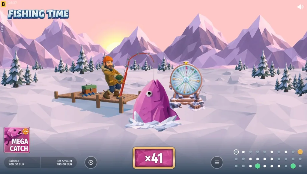 Fishing Time Mega Catch: the angler reels a purple fish from a hole in the ice as the multiplier climbs to 41x, with balance and bet shown below.