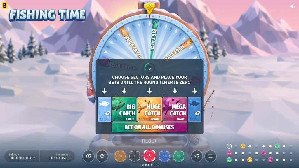 Fishing Time betting screen: five sector groups, a 5-second round timer, and a Bet on All Bonuses button over the wheel.