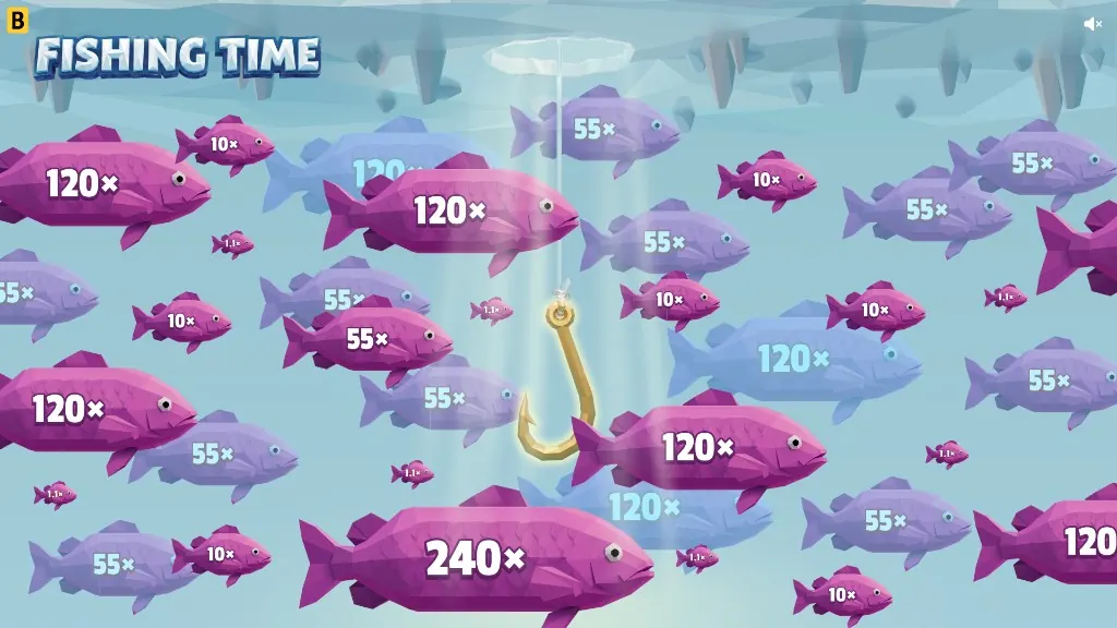 Fishing Time bonus round under the ice: a golden hook among pink and blue fish marked with multipliers from 1.1x up to 240x.